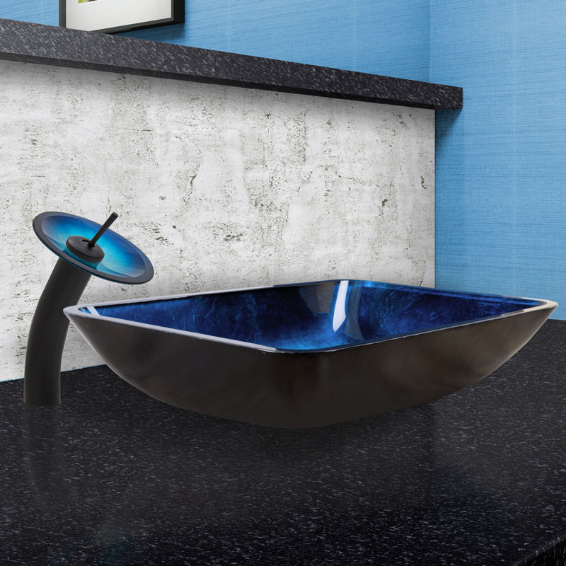 VIGO Turquoise Water Glass Rectangular Vessel Bathroom Sink with Faucet